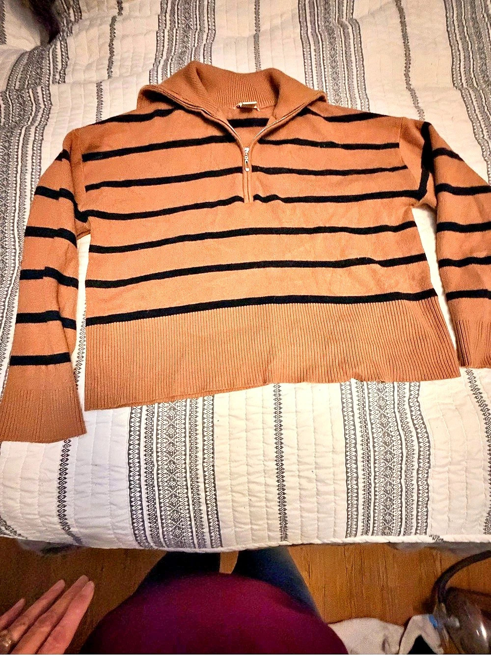 Cynthia Rowley Striped Half-Zip Sweater in Brown & Black Size X Large